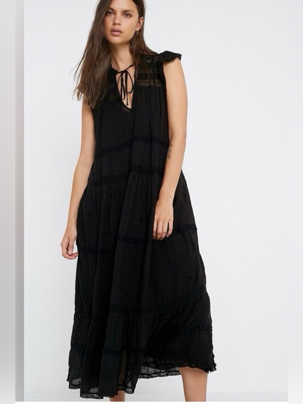 Free People Black Lace-Trim Tie-Neck Maxi Dress